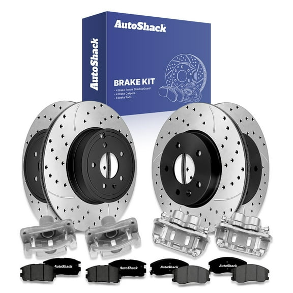 AutoShack Front Vented & Rear Vented Drilled & Slotted E-Coated Brake Rotors   Premium Ceramic Pads   Calipers 16-PC Brake Kit Replacement for 2007-2009 Chevrolet Equinox ShadowGuard