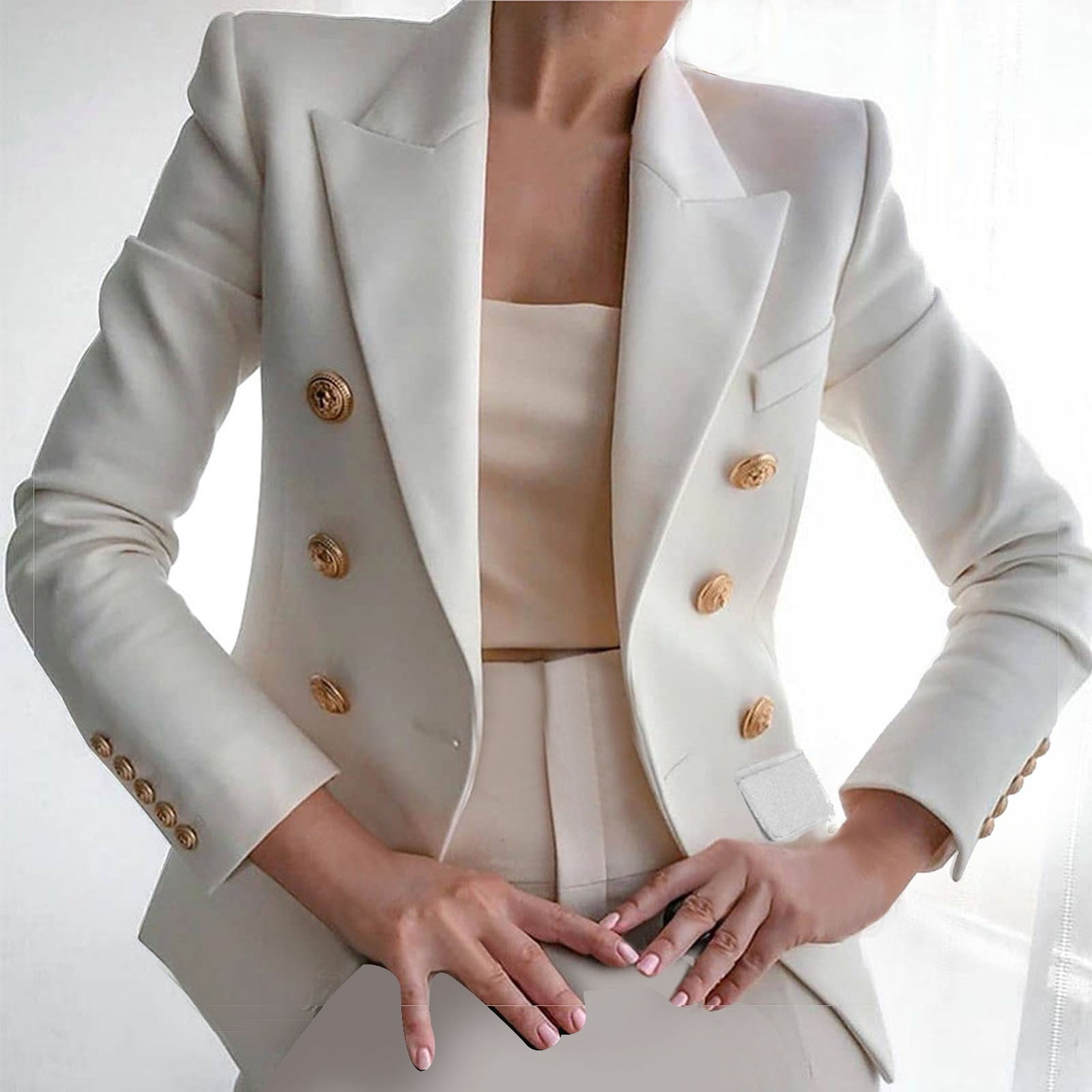 Dazajoo Womens Casual Solid Color Blazer Jacket Gold Button