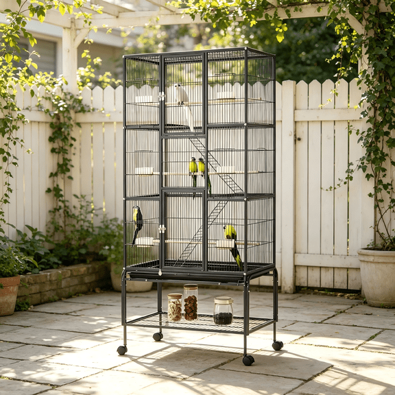 69-Inch Extra Large Bird Cage,Metal Parrot Cage,3 Tier Bird Crate with Tray & Feeding Cup for Mid-Sized Bird,Black