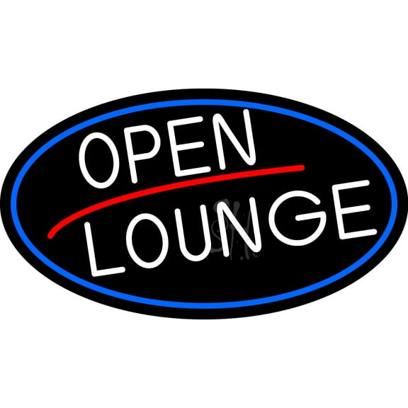 White Open Lounge Oval With Blue Border LED Neon Sign 20 x 37 - inches, Clear Edge Cut Acrylic Backing, with Dimmer - Bright and Premium built indoor LED Neon Sign for Bar decor.