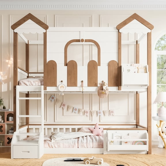 Bellemave Twin over Twin House Bunk Bed with Storage Bookshelf and Drawer, Solid Wood Bunk Bed with Roof and Windows, Childlike Playhouse and Detachable Design, Deep Natural & Beige