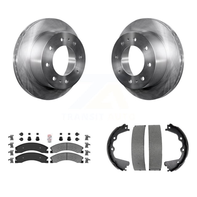 Transit Auto Rear Disc Rotors Semi-Metallic Pads and Parking Brake Shoes Kit for Car GMC Sierra 2500 HD Chevrolet Silverado Suburban 3500 with Pin Clip Type K8A-108331