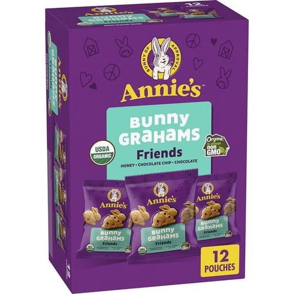 Annies Organic Friends Bunny Grahams, Chocolate Chip, Chocolate, And Honey Baked Graham Snacks, 12 Pouches, 12 Oz Packaging May Vary