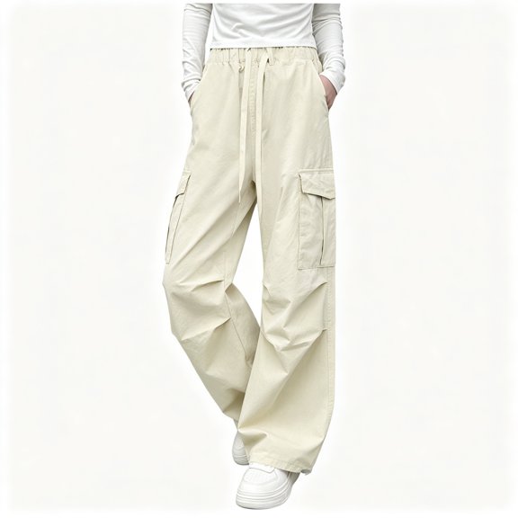 BCSIOAOI Girls Pants,Drawstring Elastic Waist Wide Leg Lightweight Cargo Pants Beige 5-6 Years