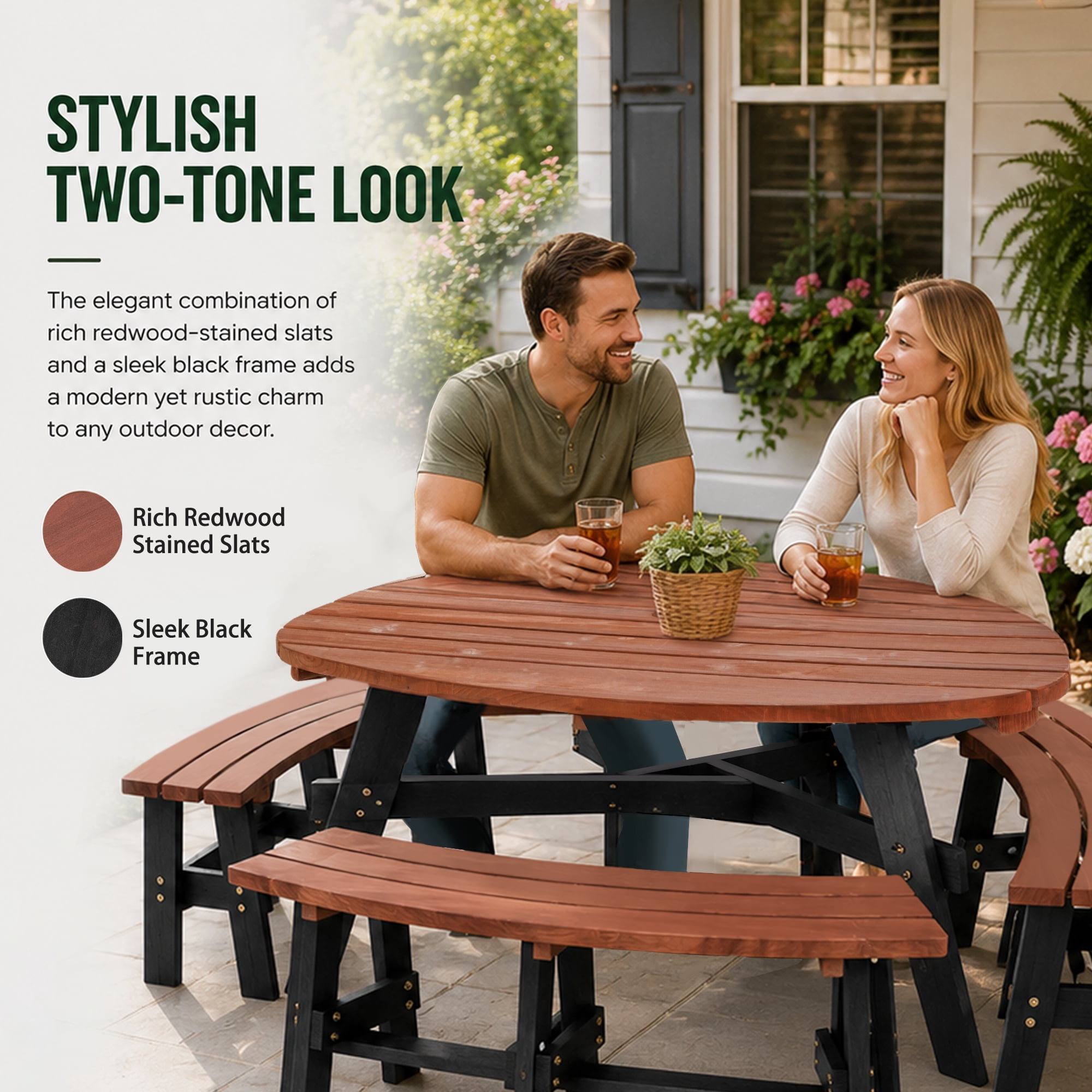 6-Person Semi-Circular Solid Fir Wood Picnic Table Set, Rustic Brown Tabletop with Black Legs, Outdoor Patio Dining Table with 3 Built-In Benches & Central Umbrella Hole for Backyard Garden