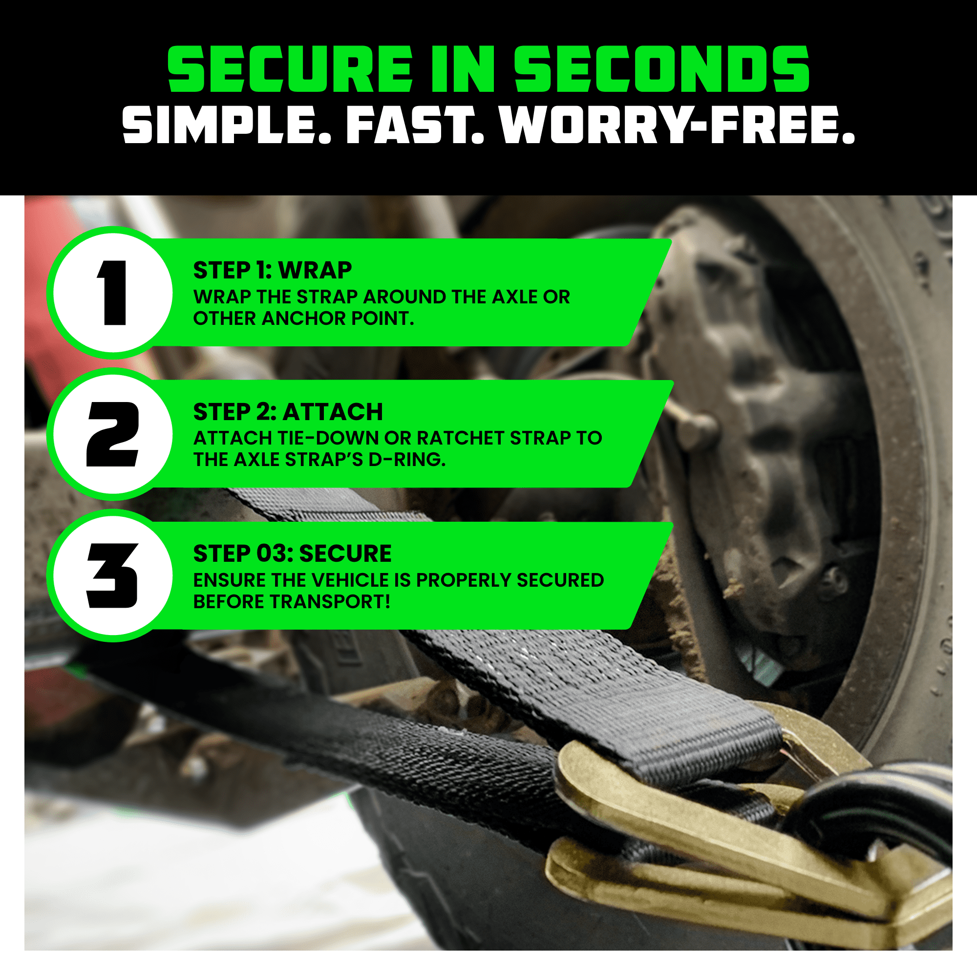 Rhino USA Axle Tie Down Straps - 11,128lb. Break Strength - Protective Sleeves & D Rings (4 Pack)