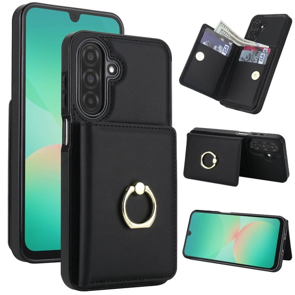 Wallet Case with Card Holder for Samsung Galaxy A26 5G, 360° Rotation Ring Kickstand Magnetic Clasp and Durable Shockproof Cover