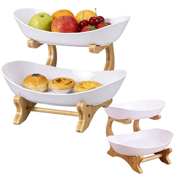 3 Tier Fruit Basket, Countertop Fruit Basket Organizer with Bamboo Stand, Tiered Oval Fruit Bowl for Kitchen Counter, Space-Saving Storage