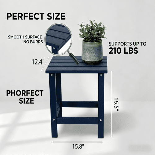 Adirondack Square Recycled HDPE Outdoor Side Table, Blue All-Weather Patio End Table for Backyard, Pool, Porch, Garden, Lawn