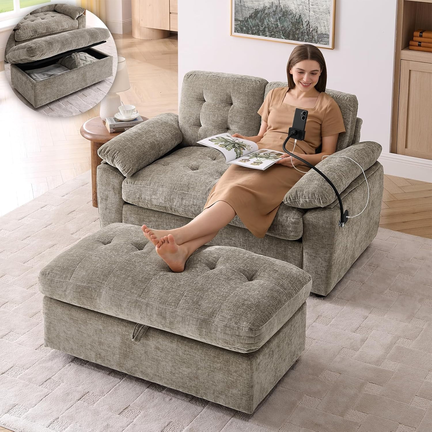 MOONMISS Oversized Chaise Lounge Chair Indoor with Ottoman&Adjustable Backrest,Chenille Tufted Recliner Sofa Chair with USB&Phone Holder,Convertible Sleeper Couch Bed for Living Room,Brown