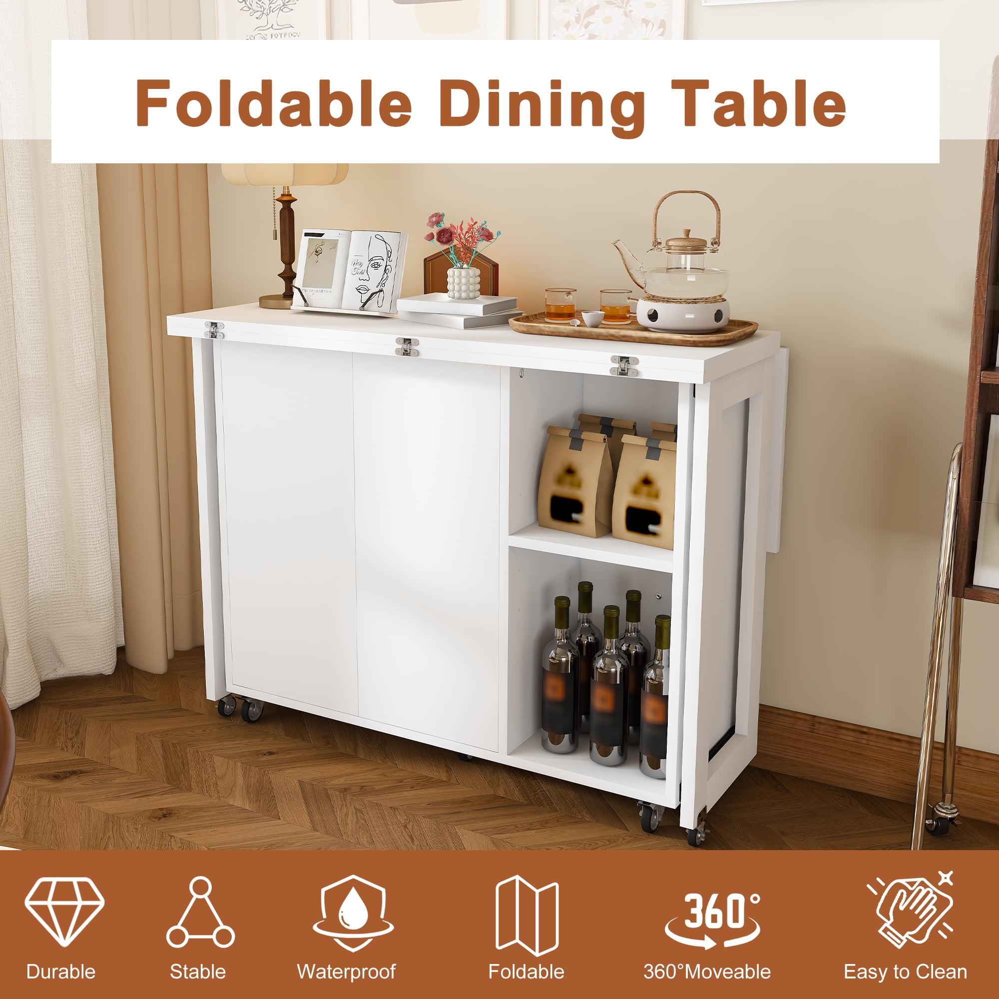 Mintazer 3‑in‑1 Folding Dining Table with 4 Large Storage Shelves & Storage Compartments, Multi‑Mode Convertible Table Cabinet with Lockable Wheels for Small Space Kitchen Apartment, White
