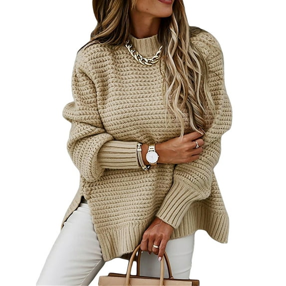 SAYOO Women Winter Sweater, Solid Color High Neck Crochet Pullover with Slit Design, S/M/L/XL/XXL/XXXL