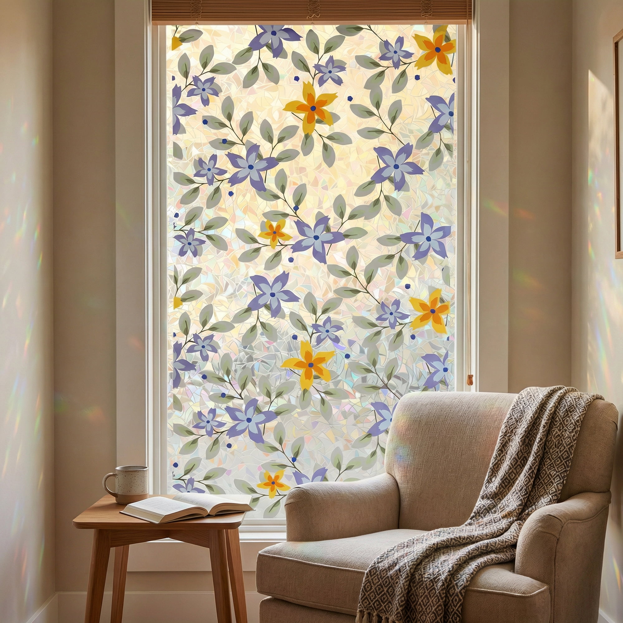 Unique Bargains No Glue Static Cling Flowers Window Film Blue Green 39.4" x 17.7"