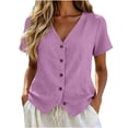 thumbnail image 3 of Ashirexll Short Sleeve Shirts for Women Spring and Summer Color and Linen V-Neck Short Sleeve Button Cardigan Top, 3 of 6