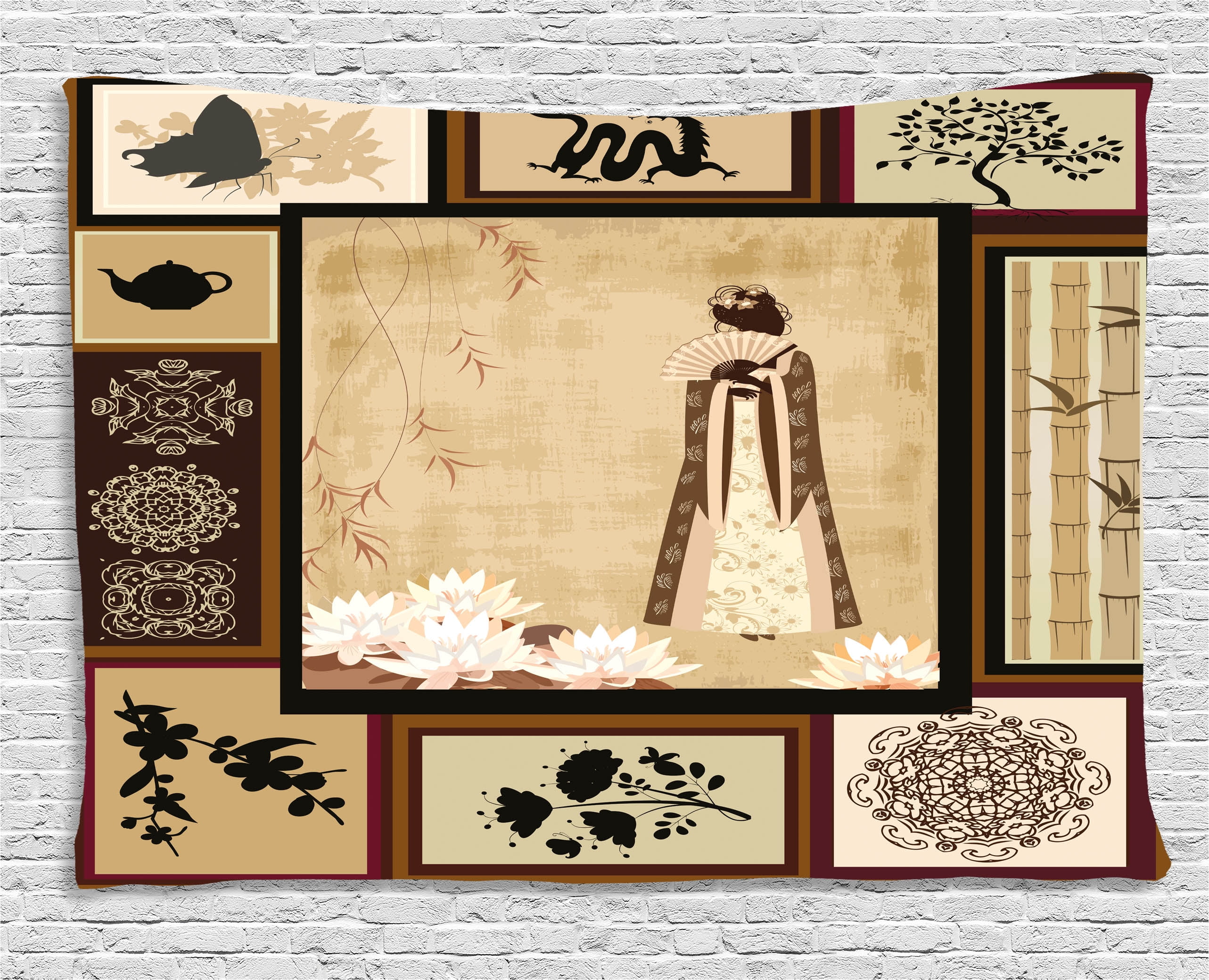 Japanese Tapestry, Girl in Traditional Dress and Cultural Patterns