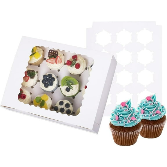 2-Set Cupcake Boxes Hold 12 Standard Cupcakes, Food Grade Cupcake Holders Bakery Carrier Boxes with Windows and Inserts for Cupcakes, Muffins and Pastries (White-2 Pack)