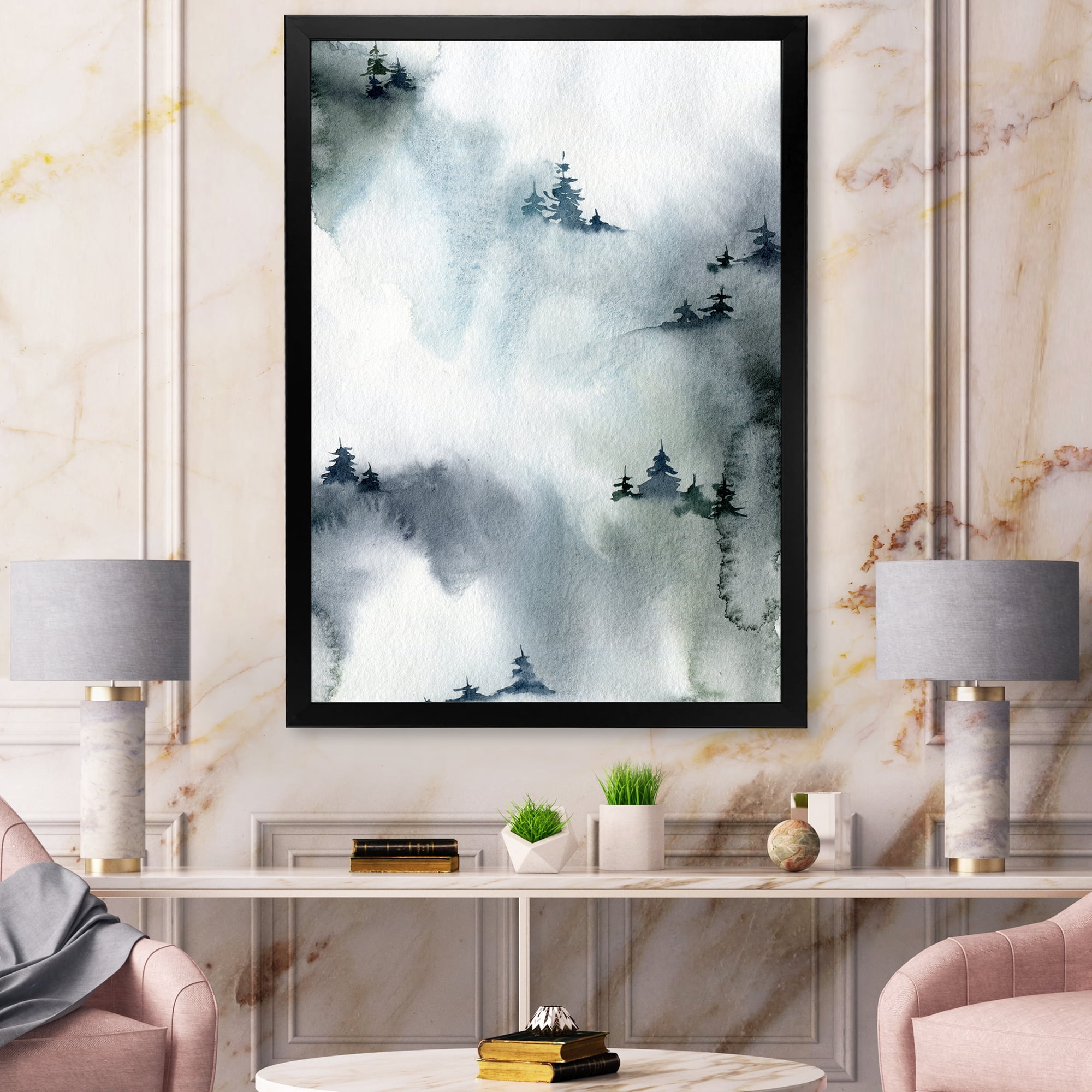 Designart 'Minimalistic Snowy Fir Trees With Winter Forest' Modern Framed Art Print
