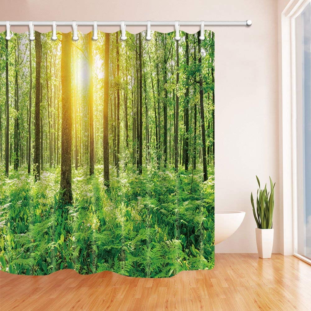 BPBOP Tropical Rainforest Decor Wildlife Spring Forest wih Sunshine Polyester Fabric Bathroom