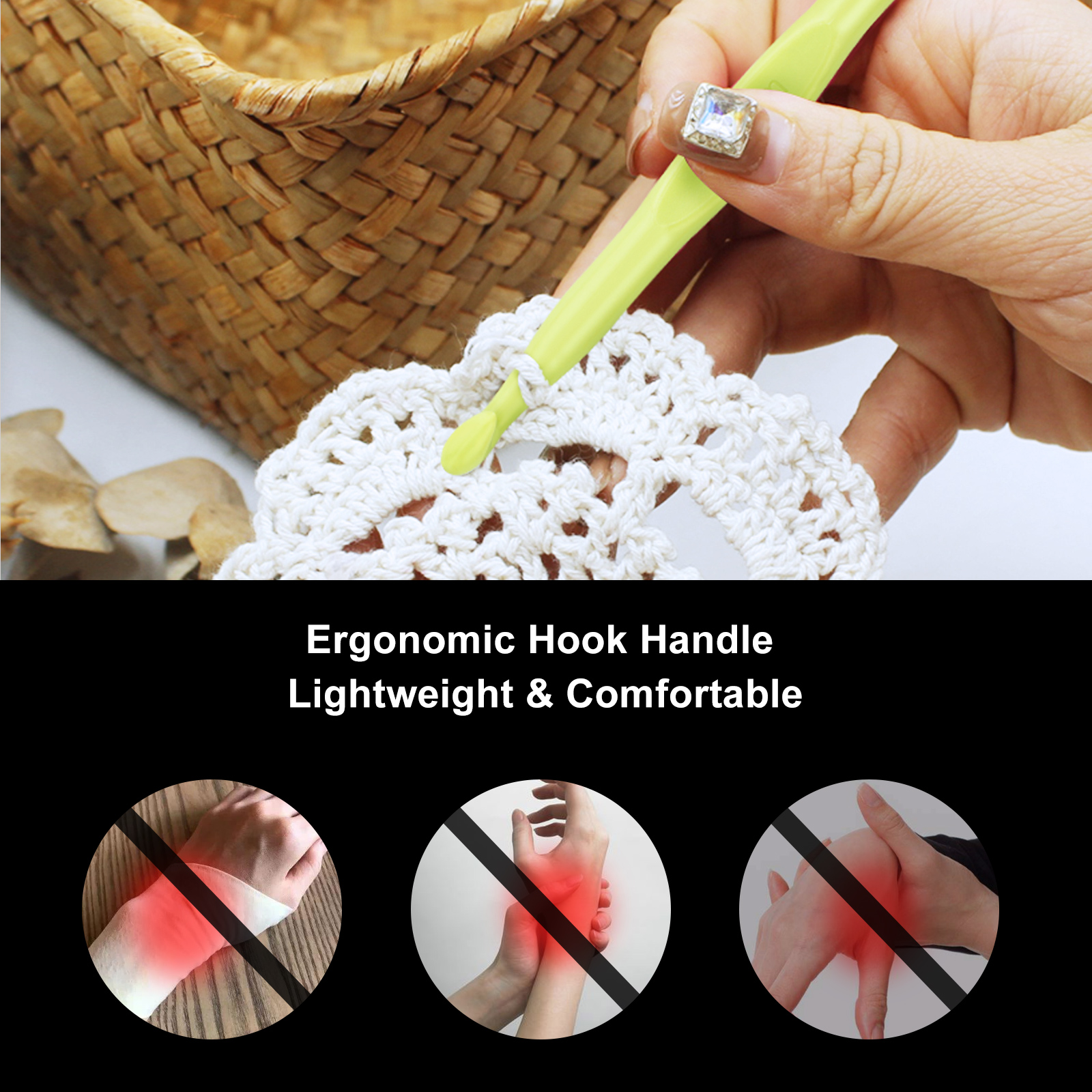 NiArt Plastic Crochet Hooks Set 12PCS 2-10mm 5.9\" Color-Coded Comfortable Ergonomic Handle Needle DIY Knitting Art Craft Yarn Handcraft Weaving Tool Shawl Sweater (20 Stitch Markers 6 Big Eye Needles