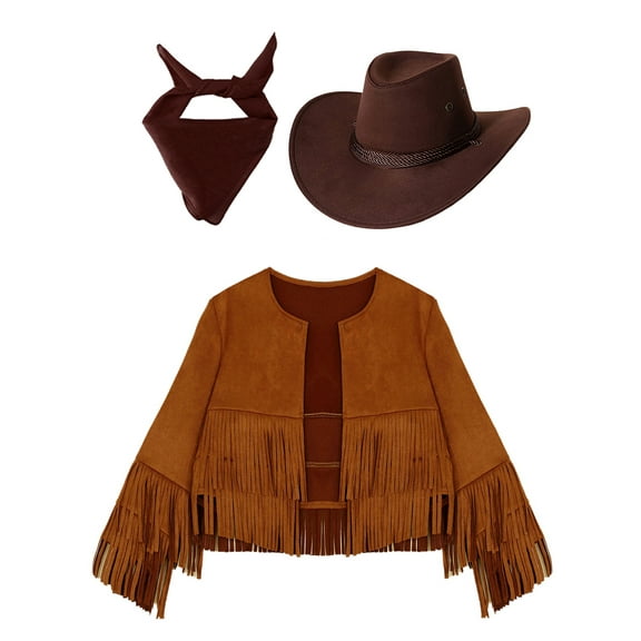 Aislor Girls Western Cowboy Cowgirl Halloween Long Sleeve Open Front Tassel Vest with Bandana Hats Set Brown 16