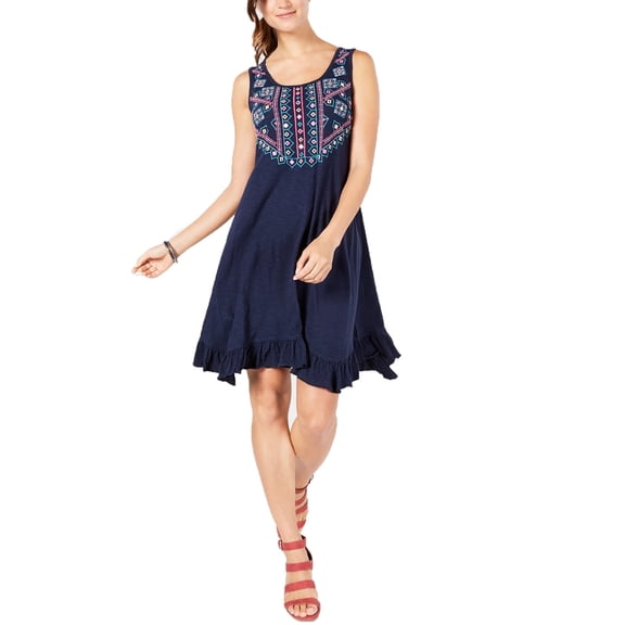 Style & Co Women's Petite Cotton Embroidered Ruffle-Hem Dress Navy Size Small