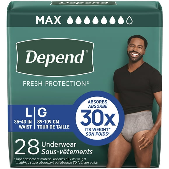 Depend Fresh Protection Adult Incontinence Underwear for Men, Disposable, Maximum, Grey, L, 28 Ct