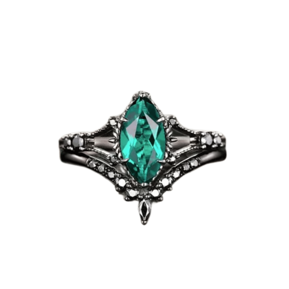 Vintage Marquise Cut Emerald & Diamond Bridal Ring Set in 14k Black Gold Vermeil - May Birthstone