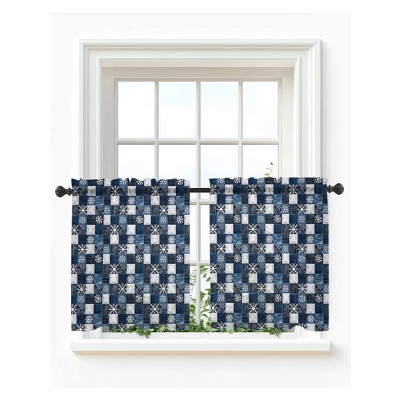 Blue White Snowflake Tier Curtains 36 Inch Length,Sheer Curtains for Bedroom Living Room Window Winter Geometric Check Plaid Rod Pocket Drapes Kitchen Curtains Small Half Window 27.5"x36" 2 Panels