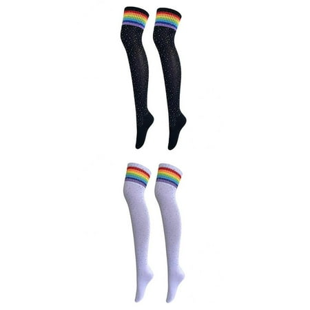 

2Pairs Lady Colorful Stripes Rhinestone Over Knee Thigh High Socks Stockings