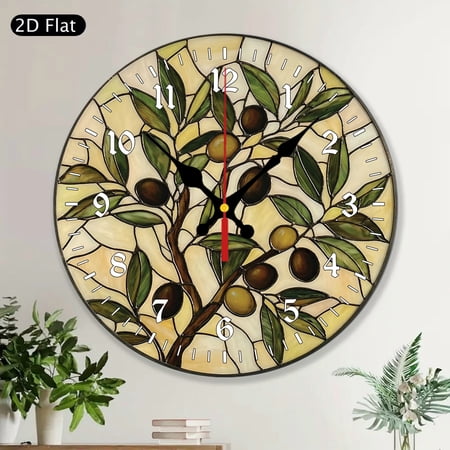 Olive Branch Stained Glass Design Round Wall Clock, Italian Kitchen Bar Home Decor, Wooden Olive Theme Decor