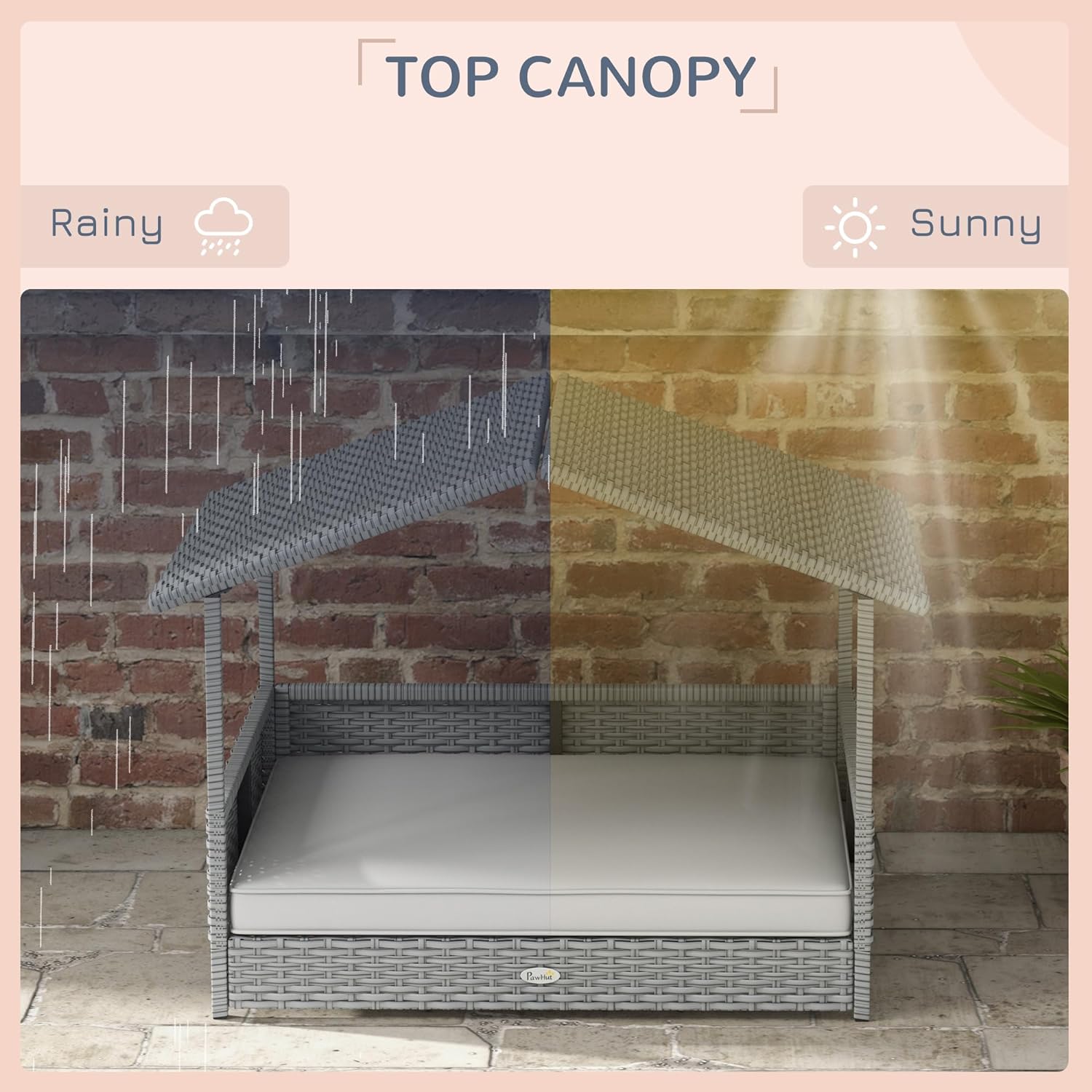 HJTER Wicker Dog House Outdoor with Canopy, Rattan Dog Bed with Water-Resistant Cushion, Raised Pet Bed for Small, Medium Breeds up to 66 lbs, 20" in Length, Silver Wicker, White Cushion