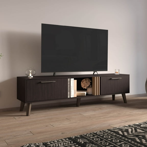 TV Stand, 2 Doors, 1 Shelf, Black / Natural Oak