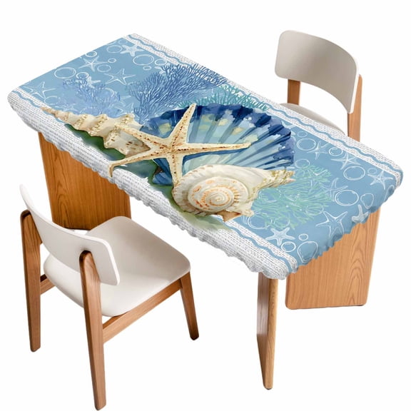 Blue Coastal Starfish Table Cloths for 5 Foot Rectangle Tables, Vintage Grey Nautical Coral Summer Patio Waterproof Elastic Fitted Tablecloths, Washable Rectangular Table Cover for Camping