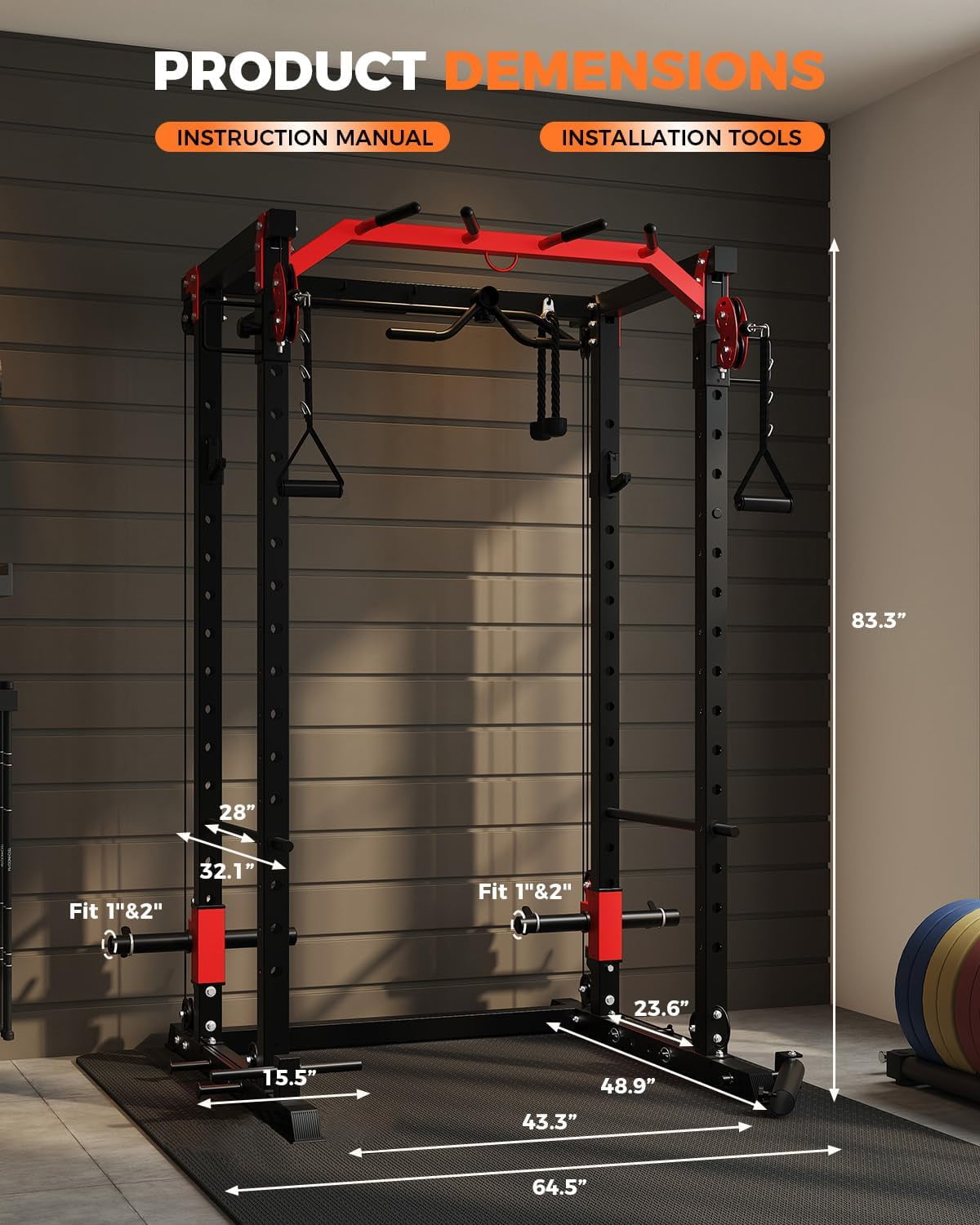 Memoryfield Power Cage with Cable Crossover System, 2000 lbs Capacity Power Rack with LAT Pulldown, Multi-Function Workout Cage with Pulley System for Strength Training, Red