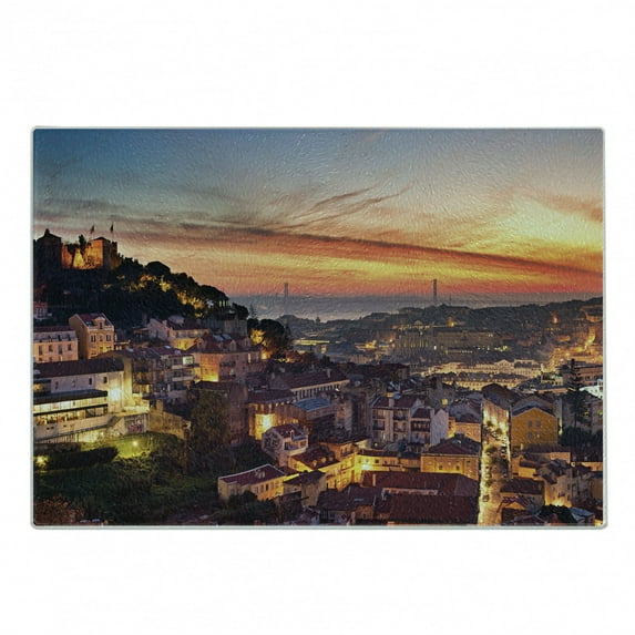 Cityscape Cutting Board, Cityscape of Lisbon Portugal Traditional Seaside City Colorful Sky Sunset Evening View, Decorative Tempered Glass Cutting and Serving Board, Small Size, Brown, by Ambesonne
