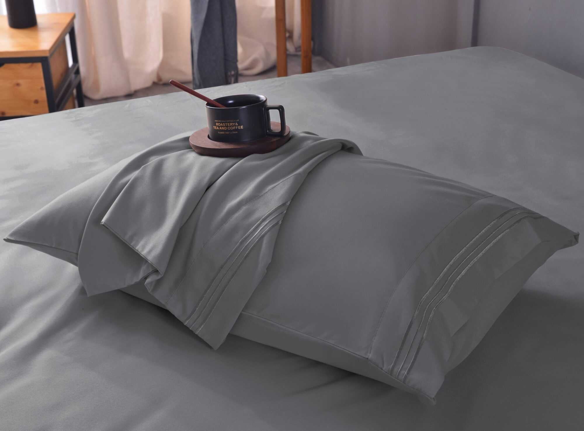 the Season Essentials Wrinkle Free Sheet Sets with Deep Pockets & Stain Resistant, 4 pc, 1800 Thread Count Bamboo Based, Gray, Queen