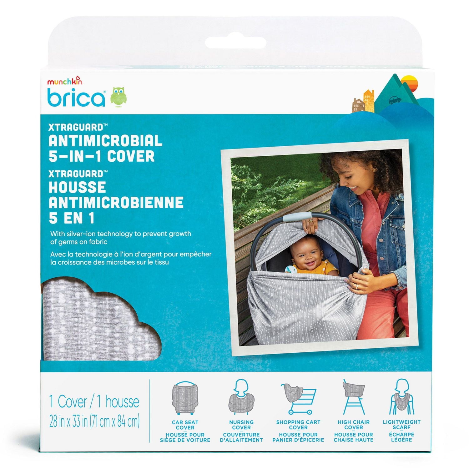Munchkin Brica XtraGuard Antimicrobial 5-in-1 Car Seat Cover and Nursing Cover, Grey, Nursing Cover