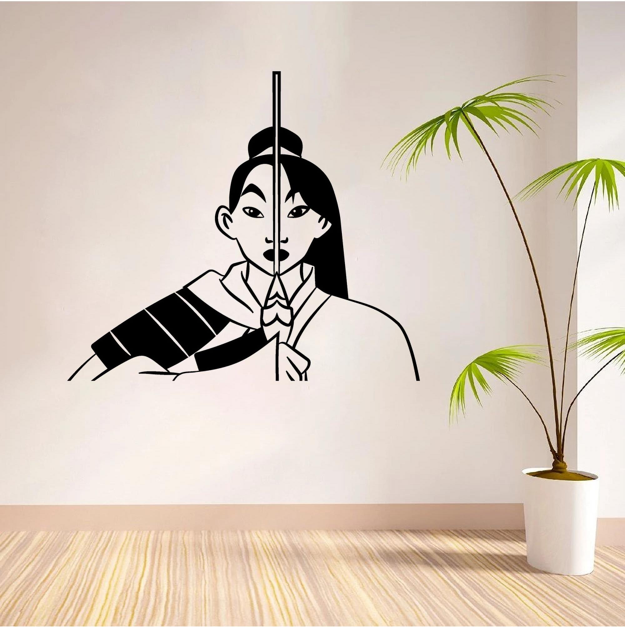 Disney Cartoon Character Mulan Warrior Princess Portrait Silhouette Wall Sticker Design For Kids Boys Girls Room Bedroom Fun Wall Home Decal Design Stickers Wall Art Vinyl Decoration Size (30x30 inch)