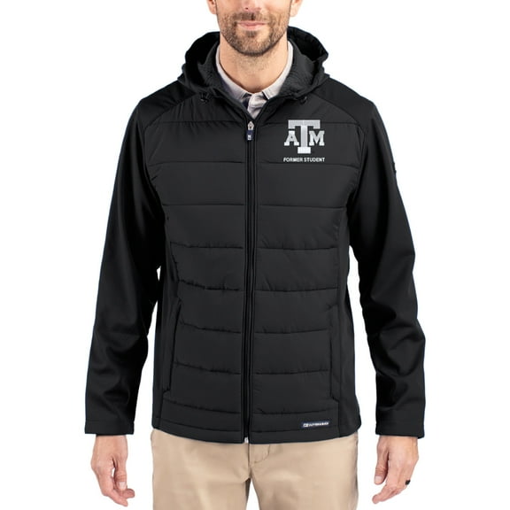 Men's Cutter & Buck Black Texas A&M Aggies Evoke Hybrid Eco Softshell Recycled Full Zip Hooded Jacket