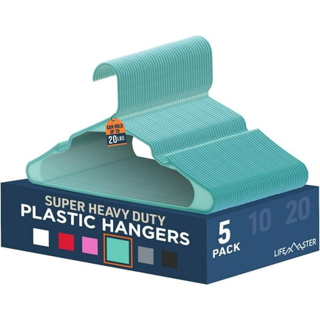 Lifemaster Plastic Clothes Hangers – Heavy Duty Hanger Set, For Organizing Clothes, Dresses, and Coat, Holds Up To 5 lbs, Space-saving Hangers with Non-Slip Shoulder Grooves, Pack of 5, Aqua
