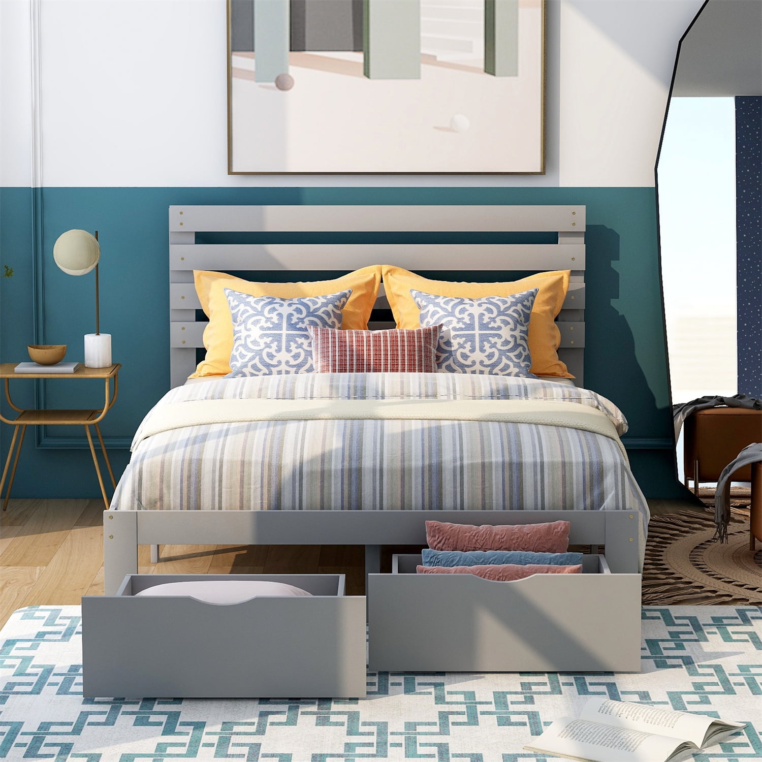 Full Size Platform Bed with Storage, Solid Wood Bed Frames with 2