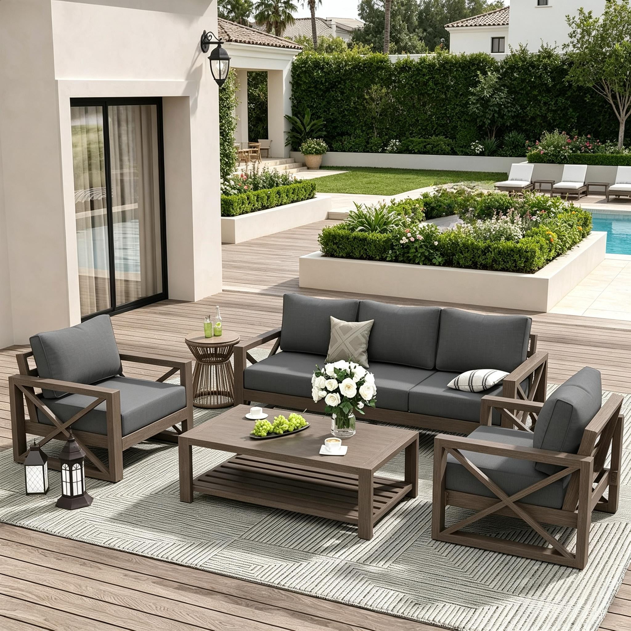 ELPOSUN Aluminum Outdoor Patio Furniture Set,6-Pieces Modern Metal Outdoor Furniture, Faux Wood Grain Finish Frame Patio Conversation Sofa Sets with 6"Thick Cushion for Porch,Backyard,Deck,Gray