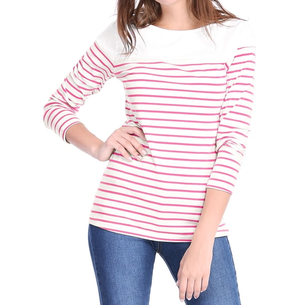 BLUSA CHIC INSPIRADA PARA MUJER, A RAYAS, BLOQUE DE COLOR, DE MANGA LARGA, CAMISETA CASUAL XL ROSA CLARO