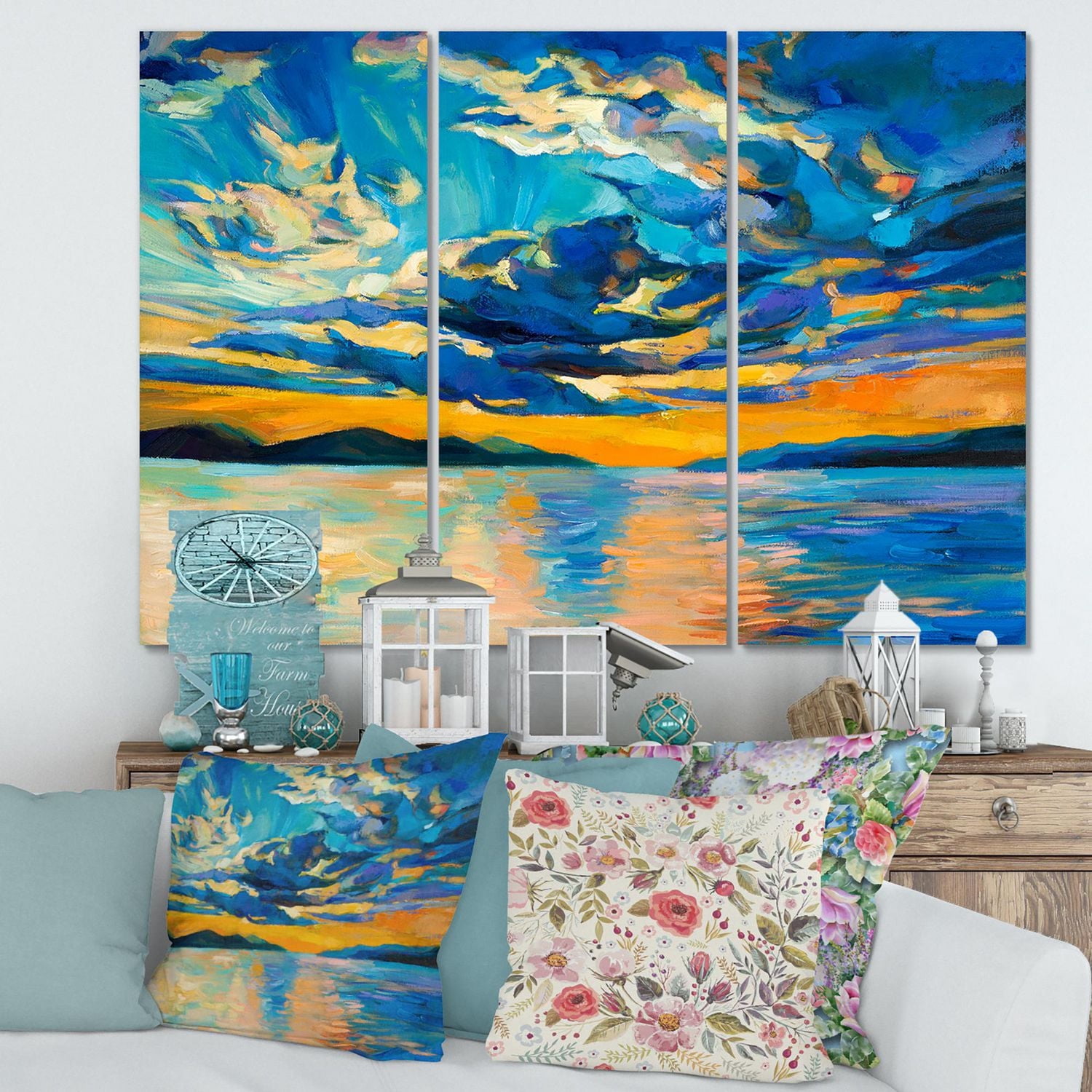 Designart Cloudy Wide Open Sunset Over Ocean Horizon Canvas Wall Art ...