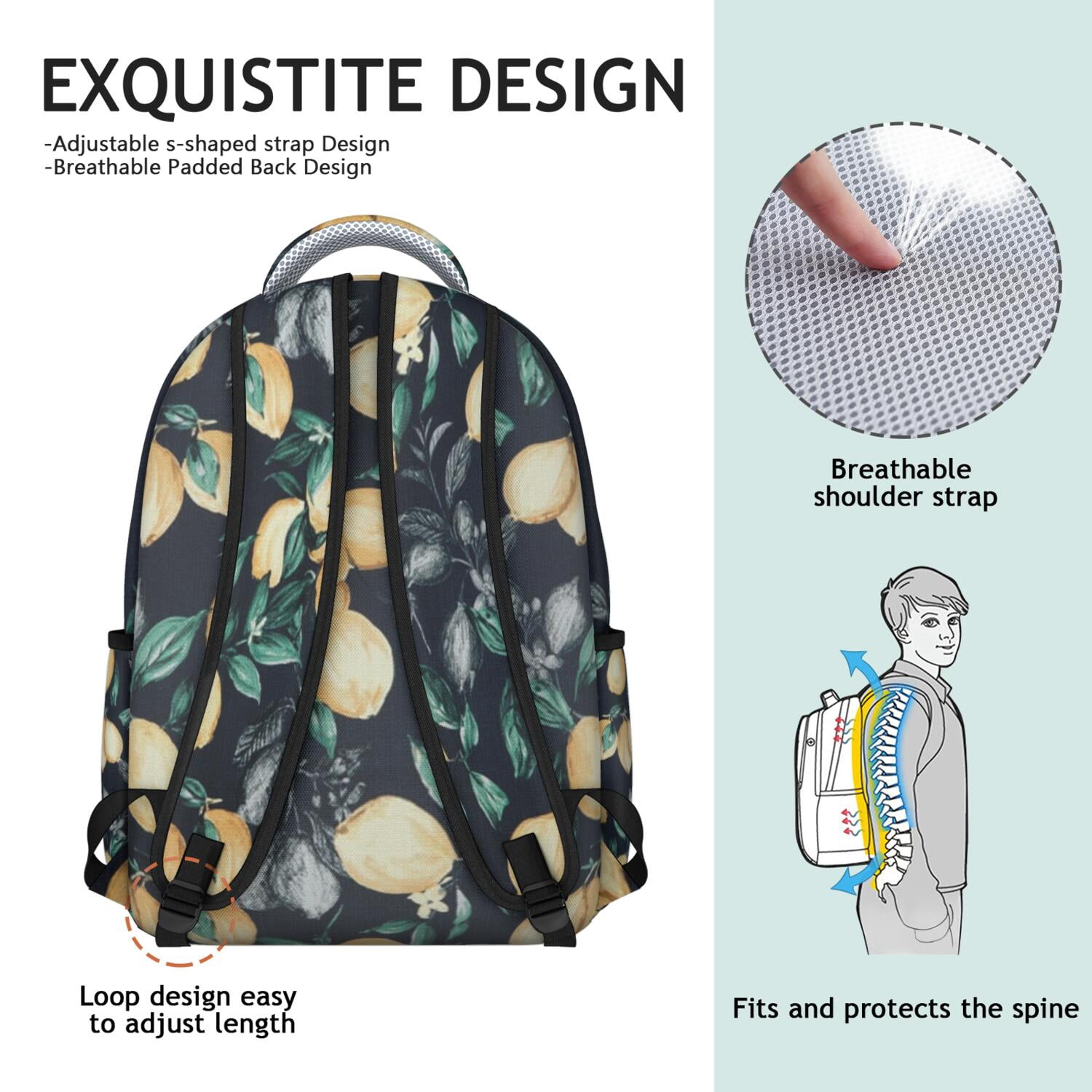 Retro Lemon Print School Backpack - Waterproof & Ergonomic Student Backpack, Durable & Lightweight with Spacious Compartments for Daily Use