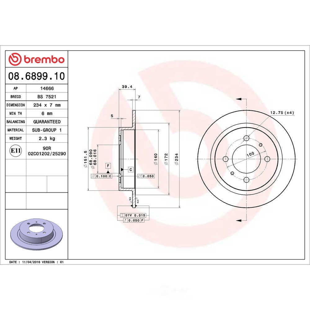 Brembo 08.6899.10 Solid Standard Rotor