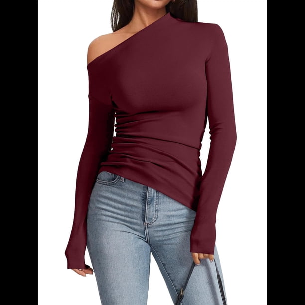 Blusas de Mujer con Hombros Descubiertos, Elegantes, de Larga, Asimétricas, Ajustadas, para Salir, de Otoño, con Frunces. Vino Tinto L