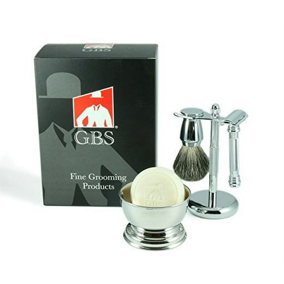 GBS Men's Shaving Set- Double Edge Safety Razor MK 38 Made in Soligen Germany, Shaving Brush, Dual Stand, Chrome Shaving Bowl, Natural Shave Soap, Double Edge Safety Razor Blades