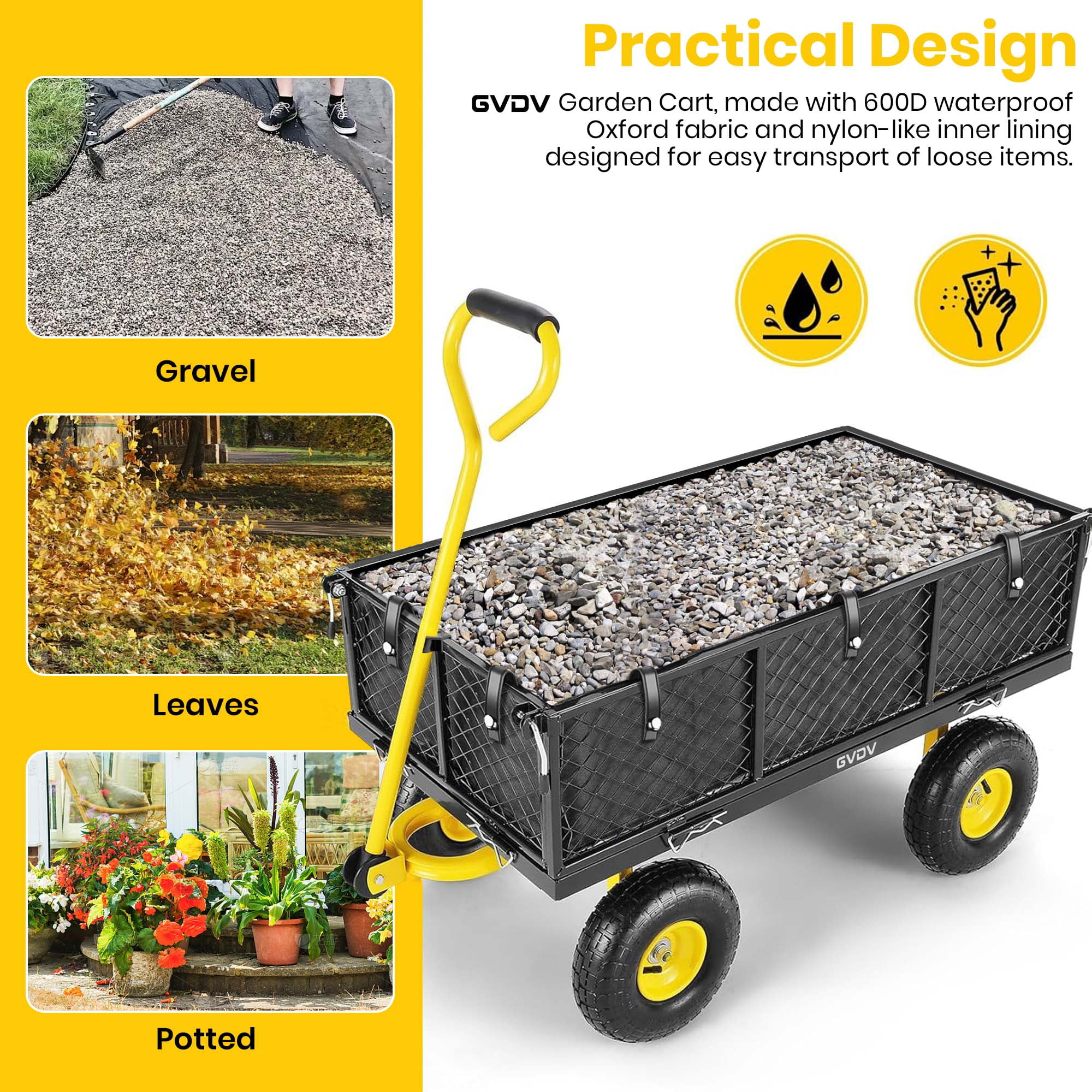 GVDV Heavy Duty Steel Garden Cart with Liner, 40" x 20", 660lbs Capacity, 10" Wheel, Utility Cart for Yard Work Hauling and Outdoor Use, Black/Yellow