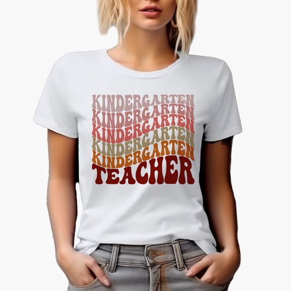 Kindergarten Teacher or Preschool Teacher, Groovy Retro Wavy Text Merch Gift, White T-Shirt, Small
